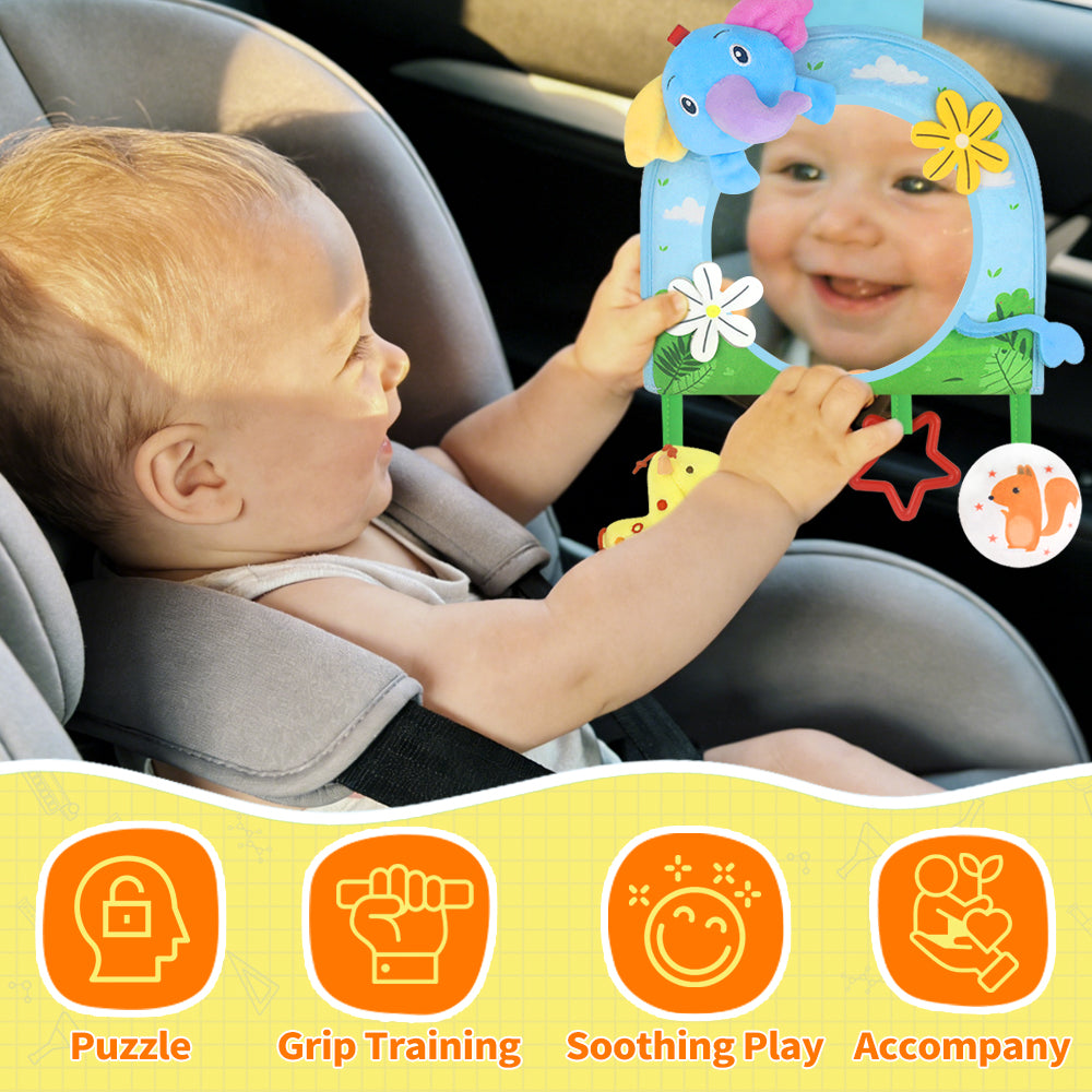 Caterbee Baby Toy with In-Sight Car Mirror – Sensory Hanging Toy for Travel & Tummy Time(Elephant）