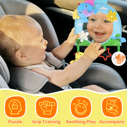 Caterbee Baby Toy with In-Sight Car Mirror – Sensory Hanging Toy for Travel & Tummy Time(Elephant）
