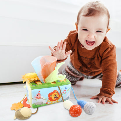 Caterbee® Baby Sensory Tissue Box Toy – Pull-Out Fabric Play Set with Rattle, Teether & Mirror | Montessori Hanging Toy for Stroller, Car Seat & Crib（副本）