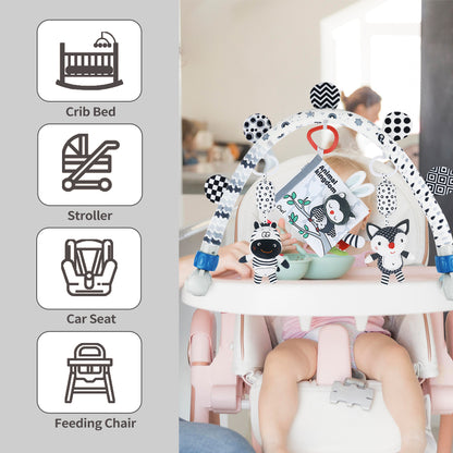 Black & White Baby Activity Arch Toy – Travel Mobile Toy Bar with Hanging Animals for Strollers, Cribs & More