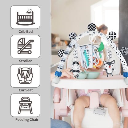 Black and White Baby Activity Arch Toy – Stroller & Crib Toy Bar with Hanging Animals, Rattles & Soft Book – Sensory Travel Toy for Infants(Forest)