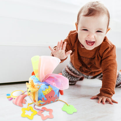 Caterbee® Baby Sensory Tissue Box Toy – Pull-Out Fabric Play Set with Rattle, Teether & Mirror | Montessori Hanging Toy for Stroller, Car Seat & Crib