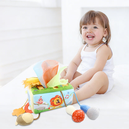 Caterbee® Baby Sensory Tissue Box Toy – Pull-Out Fabric Play Set with Rattle, Teether & Mirror | Montessori Hanging Toy for Stroller, Car Seat & Crib（副本）