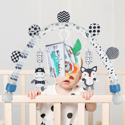 Black and White Baby Activity Arch Toy – Stroller & Crib Toy Bar with Hanging Animals, Rattles & Soft Book – Sensory Travel Toy for Infants(Forest)