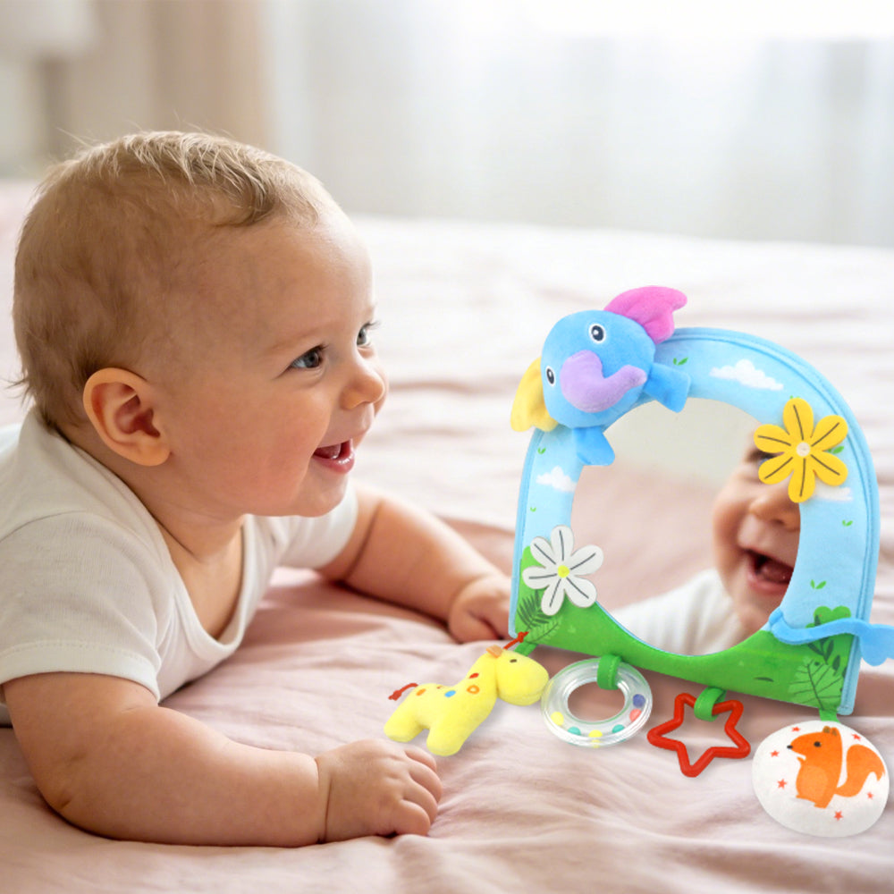 Caterbee Baby Toy with In-Sight Car Mirror – Sensory Hanging Toy for Travel & Tummy Time(Elephant）
