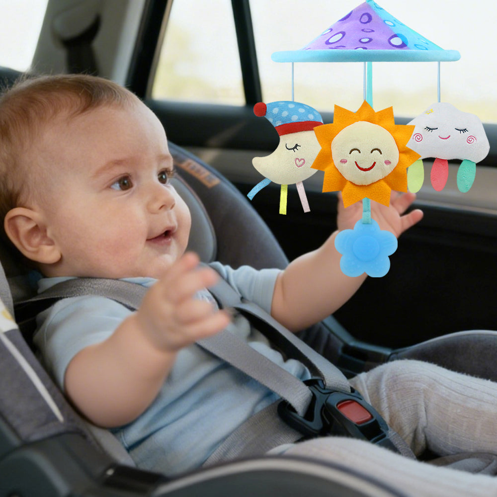 Caterbee Baby Pram Mobile Toy – Hanging Car Roof Handle Toy with Rattles & Teether