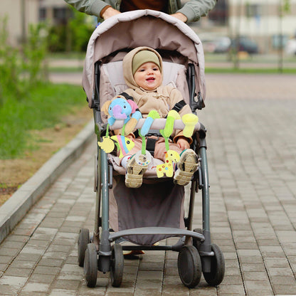 Caterbee Baby Car Seat Toy with 4 Hanging Plush Toys with Squeakers | Sensory & Teething Toy for Strollers, Cribs & Bassinets