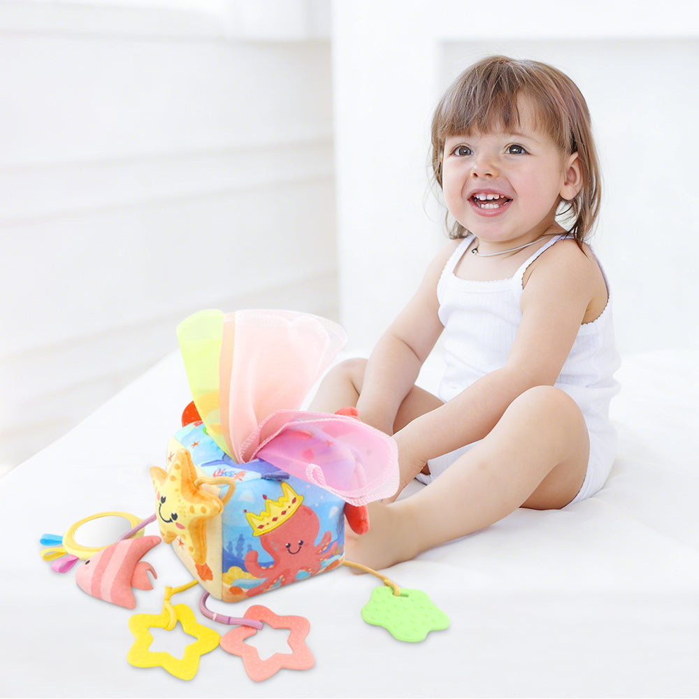 Caterbee® Baby Sensory Tissue Box Toy – Pull-Out Fabric Play Set with Rattle, Teether & Mirror | Montessori Hanging Toy for Stroller, Car Seat & Crib