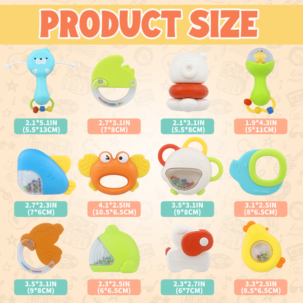 Baby Rattle Toy Set 12 Pcs | Infant Sensory Teether Toys for 18 Months+ | BPA-Free