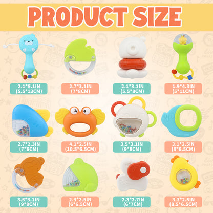 Baby Rattle Toy Set 12 Pcs | Infant Sensory Teether Toys for 18 Months+ | BPA-Free