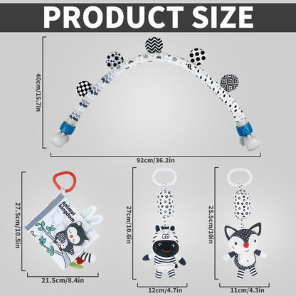 Black & White Baby Activity Arch Toy – Travel Mobile Toy Bar with Hanging Animals for Strollers, Cribs & More