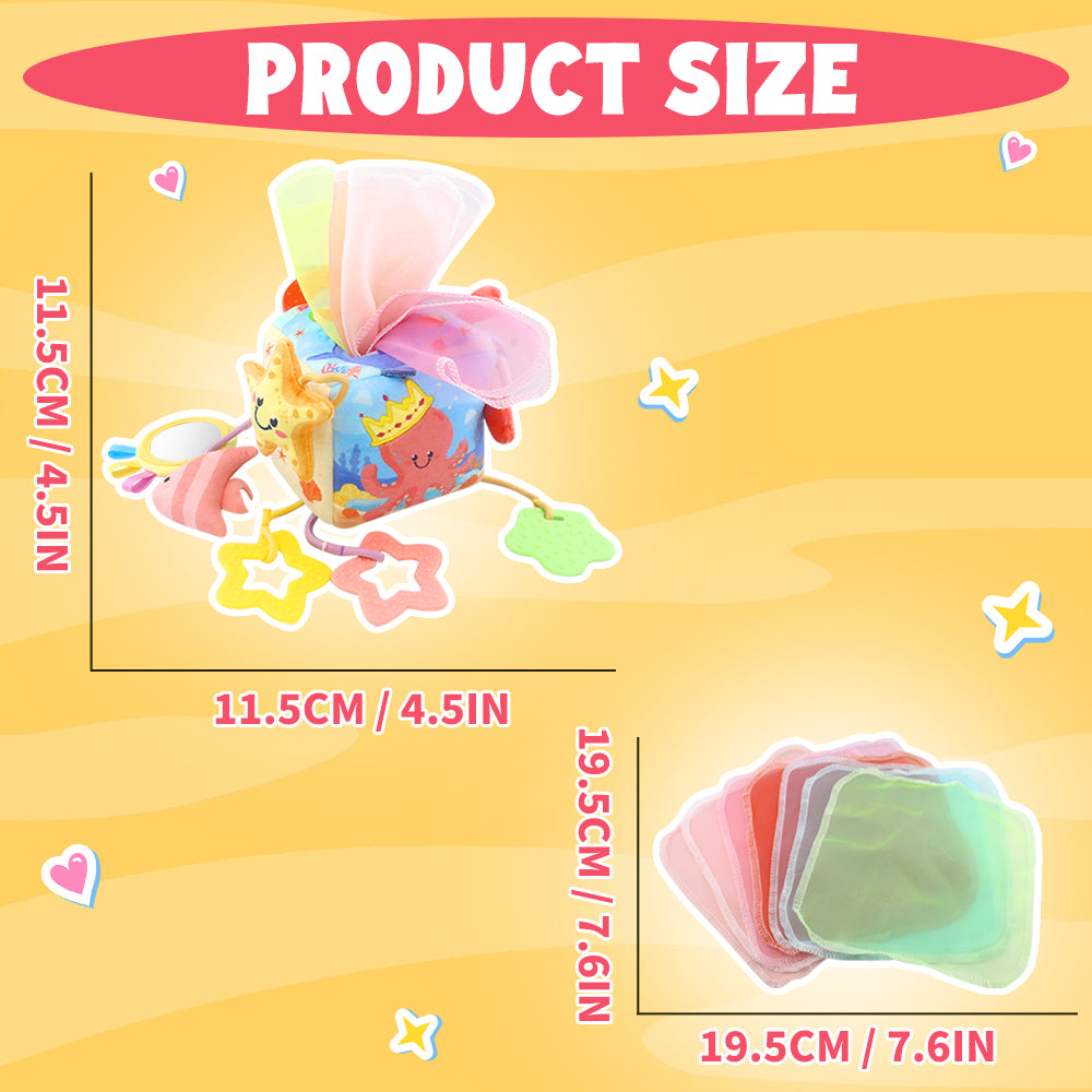 Caterbee® Baby Sensory Tissue Box Toy – Pull-Out Fabric Play Set with Rattle, Teether & Mirror | Montessori Hanging Toy for Stroller, Car Seat & Crib