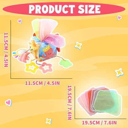 Caterbee® Baby Sensory Tissue Box Toy – Pull-Out Fabric Play Set with Rattle, Teether & Mirror | Montessori Hanging Toy for Stroller, Car Seat & Crib