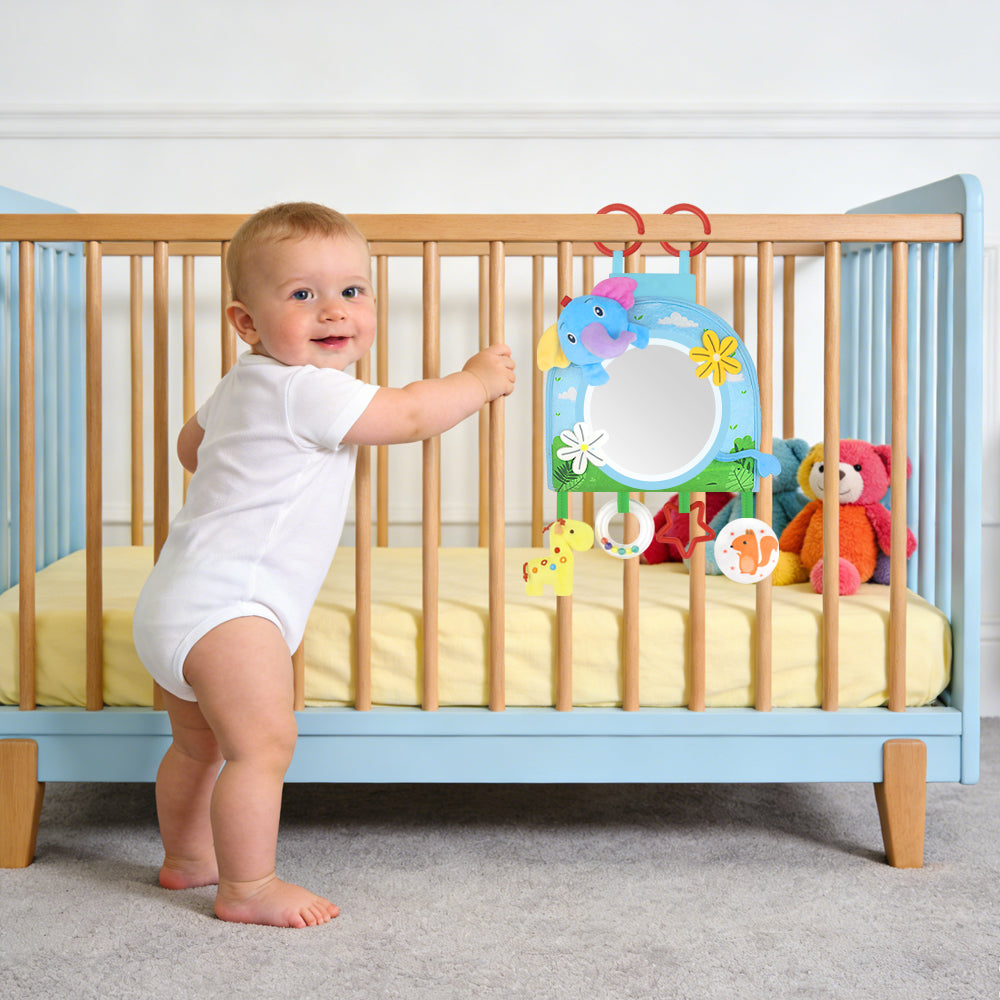 Caterbee Baby Toy with In-Sight Car Mirror – Sensory Hanging Toy for Travel & Tummy Time(Elephant）