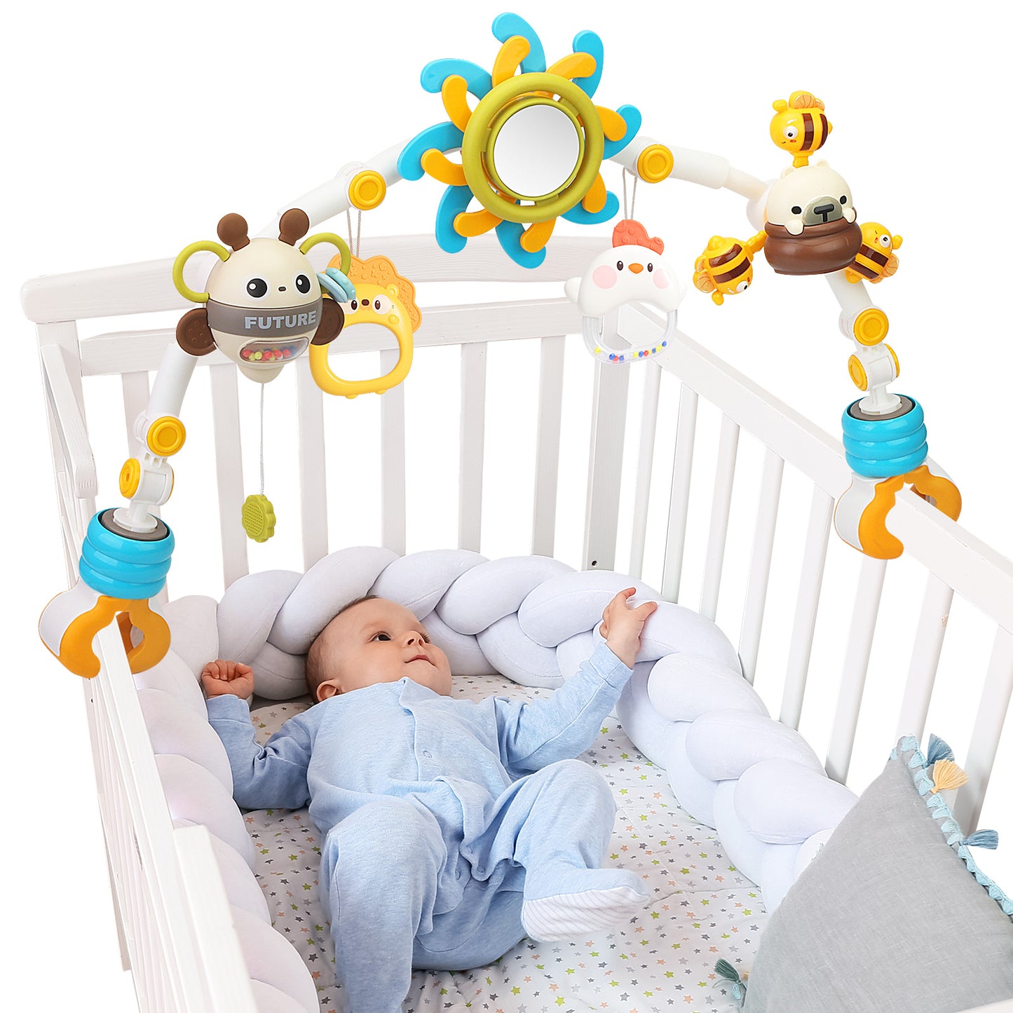 Baby Bouncer Toy Bar – Secure & Foldable with Rotating Pendant, Mirror & Detachable Toys