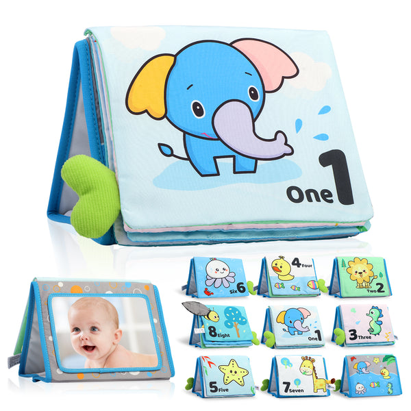 Caterbee Baby Mirror Soft Crinkle Activity Book, Tummy Time Sensory Toy with Bright Colors & Textures