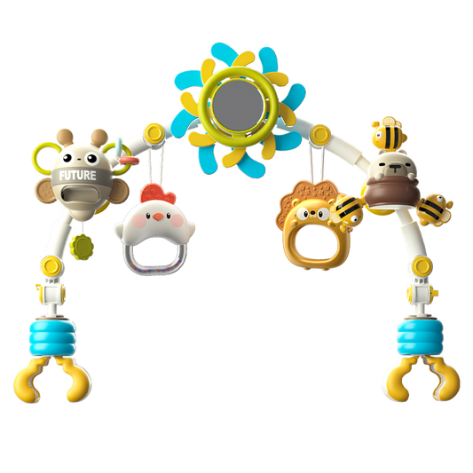 Baby Bouncer Toy Bar, Secure & Foldable with Rotating Pendant, Mirror & Detachable Toys