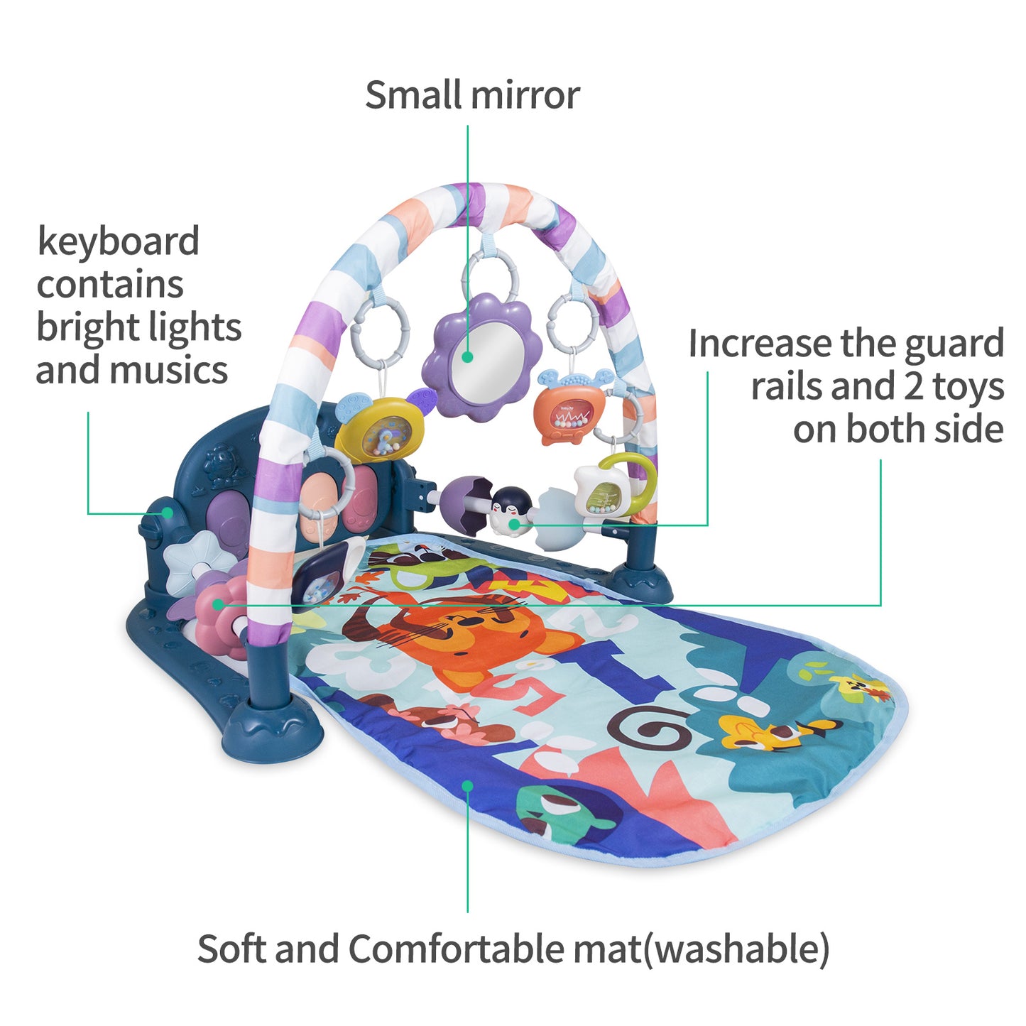 Baby Piano Play Mat Gym with Musical & Light – Interactive Kick & Play Activity Mat（Blue）