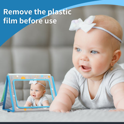 Caterbee Baby Mirror Soft Crinkle Activity Book, Tummy Time Sensory Toy with Bright Colors & Textures