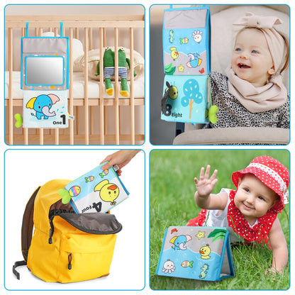 Caterbee Baby Mirror Soft Crinkle Activity Book, Tummy Time Sensory Toy with Bright Colors & Textures