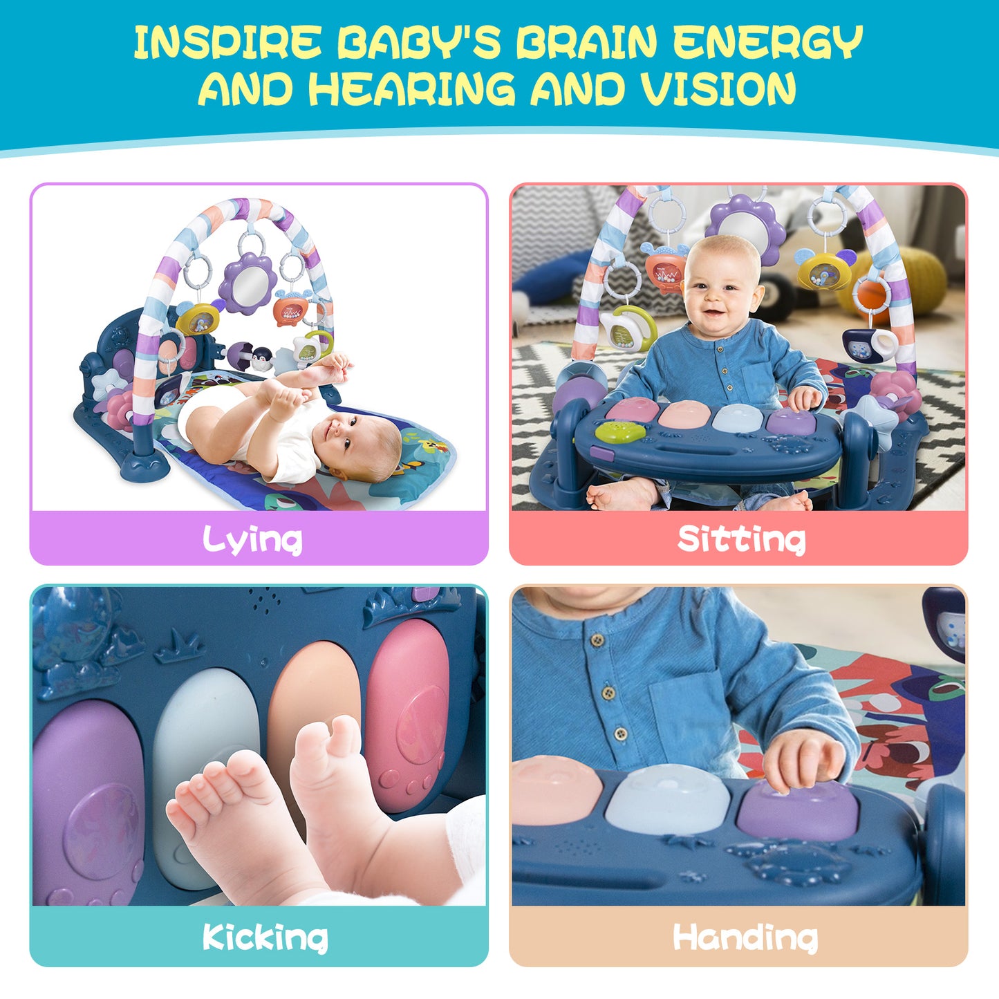 Baby Piano Play Mat Gym with Musical & Light – Interactive Kick & Play Activity Mat（Blue）