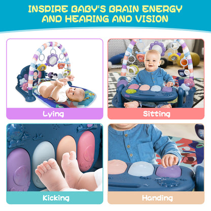 Baby Piano Play Mat Gym with Musical & Light – Interactive Kick & Play Activity Mat（Blue）