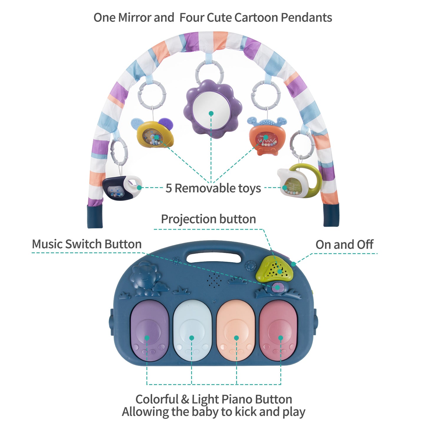 Baby Piano Play Mat Gym with Musical & Light – Interactive Kick & Play Activity Mat（Blue）