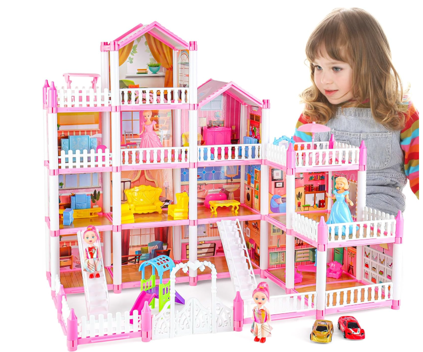 Doll House for Girls, Kids Pink Dolls House Playset With Doll Figures