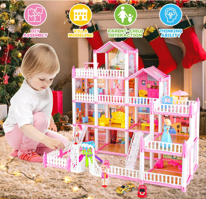 Doll House for Girls, Kids Pink Dolls House Playset With Doll Figures