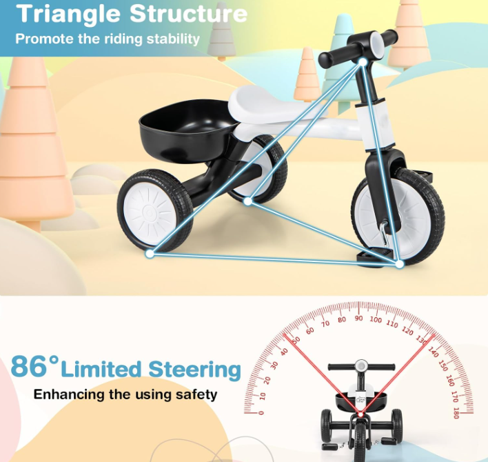 2 in 1 Kids Tricycle, Toddler Trike with Removable Pedals and Detachable Storage Basket